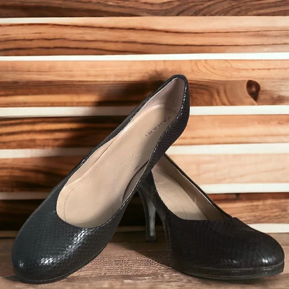 Tahari Colette Black Snakeskin Leather High Heel Classic Pump Shoe Size 10M
